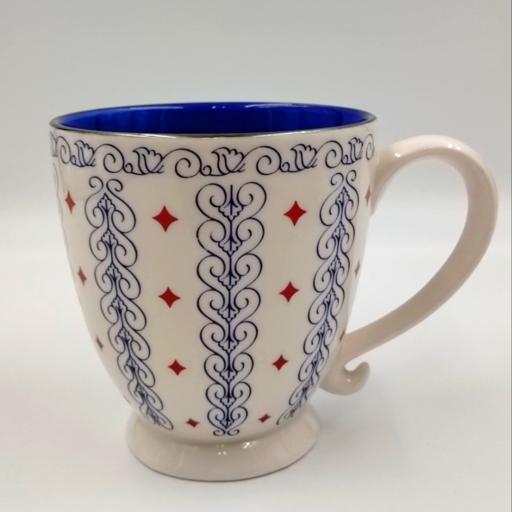 2003 Starbucks Barista Coffee Cup Mug White Blue Scroll Red Diamonds 18oz